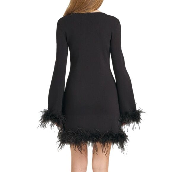 NWT WAYF (Where Are You From) “Karlie” black feather trim long sleeve mini dress - Picture 3 of 13